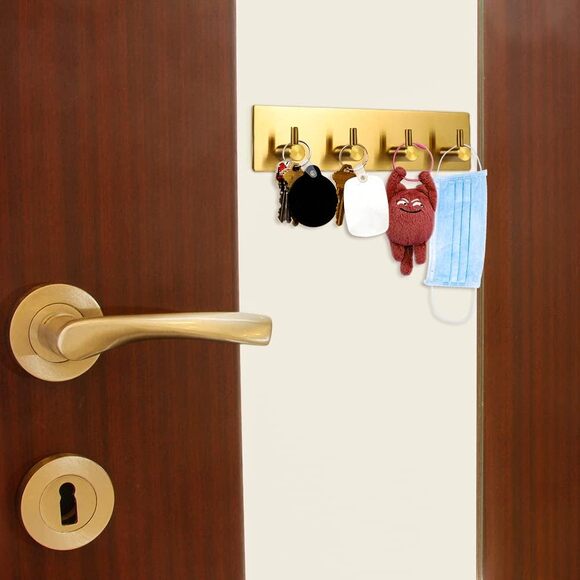 Adhesive Stainless Steel Key Hooks Towel Hook Coat Hanger Four Rows Gold 1PCS - Picture 4 of 6